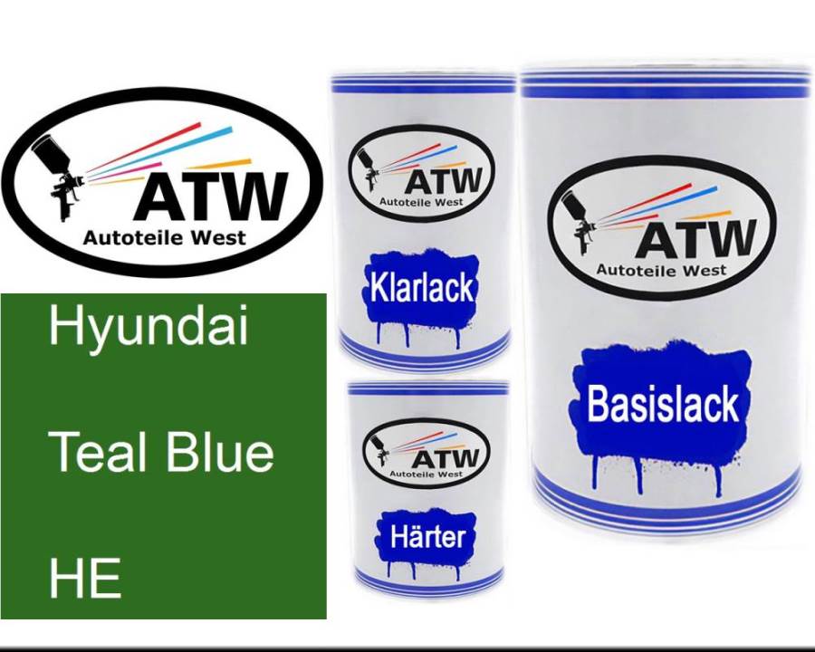 Hyundai, Teal Blue, HE: 500ml Lackdose + 500ml Klarlack + 250ml Härter - Set, von ATW Autoteile West.